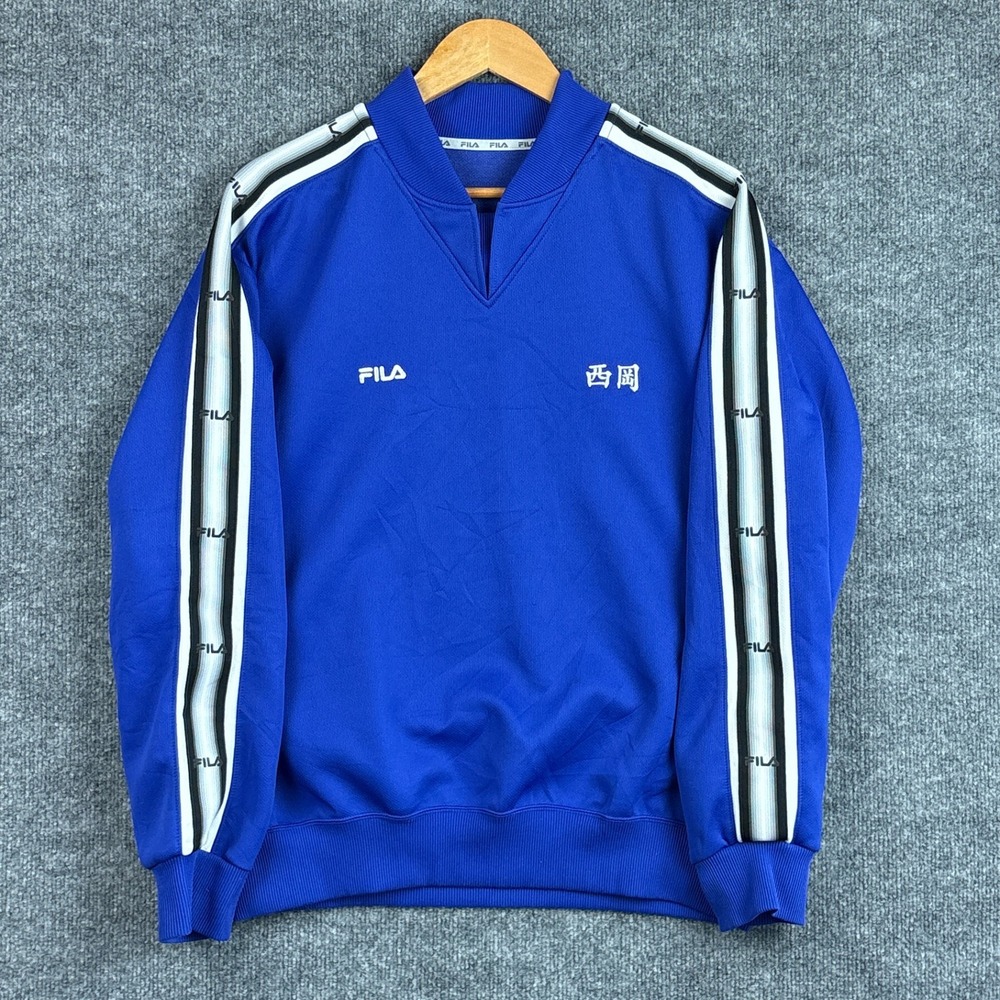 Y2K Japanese FILA Track Jacket Sleeve Logo Tape Large Blue Pullover